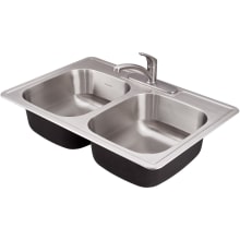 Colony 33" Double Basin Stainless Steel Kitchen Sink for Drop In Installations with Three Faucet Holes - Stainless Steel Faucet and Drains Included