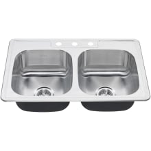 Colony 33" Double Basin Stainless Steel Kitchen Sink for Drop In Installations with Three Faucet Holes - Drains Included