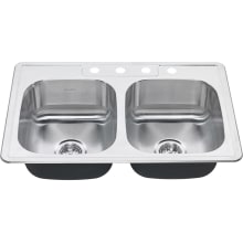 Colony 33" Double Basin Stainless Steel Kitchen Sink for Drop In Installations with Four Faucet Holes - Drains Included