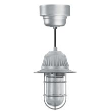 Easy Order RLM 5" Wide Single Light LED Mini Pendant with Black Hanging Cord and Vapor Tight Glass Shade and Glass Guard and Ballast Canopy