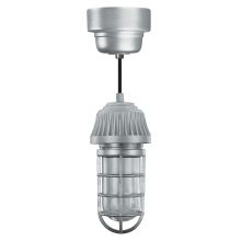 Easy Order RLM 5" Wide Single Light LED Mini Pendant with Black Hanging Cord and Vapor Tight Glass Shade and Glass Guard and Ballast Canopy