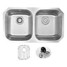 Moore 32-1/4" Double Basin 16 Gauge Stainless Steel Undermount Kitchen Sink - Includes Basin Rack and Basket Strainer