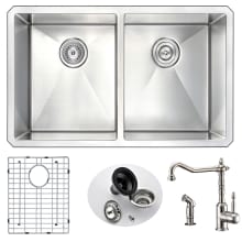 Vanguard 32" Double Basin Stainless Steel Undermount Kitchen Sink with Locke Series 1.86 GPM Faucet - Includes Basin Rack and Basket Strainer