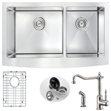 Elysian 35-7/8" Double Basin Stainless Steel Farmhouse Kitchen Sink with Locke Series 1.86 GPM Faucet - Includes Basin Rack and Basket Strainer