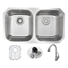 Moore 32-1/4" Double Basin Stainless Steel Undermount Kitchen Sink with Accent Series 1.5 GPM Faucet - Includes Basin Rack and Basket Strainer