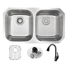 Moore 32-1/4" Double Basin Stainless Steel Undermount Kitchen Sink with Accent Series 1.5 GPM Faucet - Includes Basin Rack and Basket Strainer