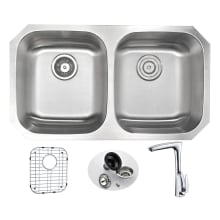 Moore 32-1/4" Double Basin Stainless Steel Undermount Kitchen Sink with Timbre Series 1.5 GPM Faucet - Includes Basin Rack and Basket Strainer