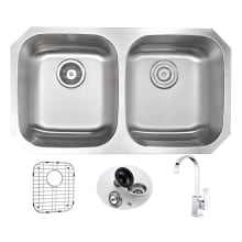 Moore 32-1/4" Double Basin 16 Gauge Stainless Steel Undermount Kitchen Sink with Opus Series 1.5 GPM Faucet - Includes Basin Rack and Basket Strainer