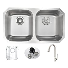 Moore 32-1/4" Double Basin Stainless Steel Undermount Kitchen Sink with Singer Series 1.95 GPM Faucet - Includes Basin Rack and Basket Strainer