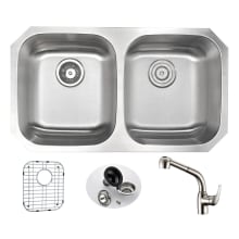 Moore 32-1/4" Double Basin 16 Gauge Stainless Steel Undermount Kitchen Sink with Harbour Series Faucet - Includes Basin Rack and Basket Strainer