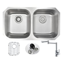 Moore 32-1/4" Double Basin 16 Gauge Stainless Steel Undermount Kitchen Sink with Manis Series Faucet - Includes Basin Rack and Basket Strainer
