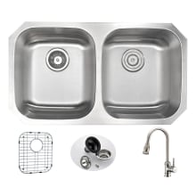 Moore 32-1/4" Double Basin Stainless Steel Undermount Kitchen Sink with Sails Series 1.8 GPM Faucet - Includes Basin Rack and Basket Strainer