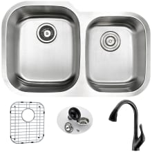 Moore 32" Double Basin 16 Gauge Stainless Steel Undermount Kitchen Sink with Accent Series 1.5 GPM Faucet - Includes Basin Rack and Basket Strainer
