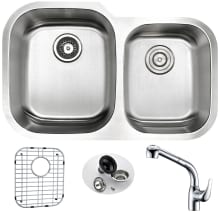 Moore 32" Double Basin 16 Gauge Stainless Steel Undermount Kitchen Sink with Harbour Series 1.53 GPM Faucet - Includes Basin Rack and Basket Strainer