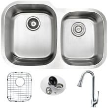Moore 32" Double Basin 16 Gauge Stainless Steel Undermount Kitchen Sink with Singer Series 1.95 GPM Faucet - Includes Basin Rack and Basket Strainer