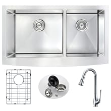 Elysian 32-7/8" Double Basin Stainless Steel Farmhouse Kitchen Sink with Singer Series 1.95 GPM Faucet - Includes Basin Rack and Basket Strainer