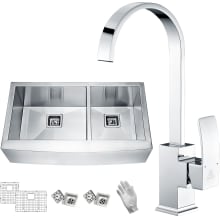Elysian 36" Undermount Double Basin Stainless Steel Kitchen Sink with Single Hole Kitchen Faucet, Basin Rack, and Basket Strainer Included