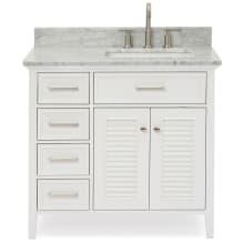 Kensington 37" Free Standing Single Rectangular Basin Vanity Set with Right Offset Cabinet and 3/4" Thick Carrara Marble Vanity Top
