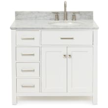 Bristol 37" Free Standing Single Oval Basin Vanity Set with Right Offset Cabinet and 3/4" Thick Carrara Marble Vanity Top