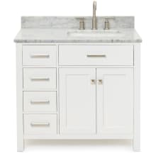 Bristol 37" Free Standing Single Rectangular Basin Vanity Set with Right Offset Cabinet and 3/4" Thick Carrara Marble Vanity Top
