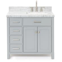 Bristol 37" Free Standing Single Rectangular Basin Vanity Set with Right Offset Cabinet and 1-1/2" Thick Carrara Marble Vanity Top
