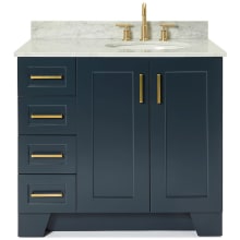 Taylor 37" Free Standing Single Oval Basin Vanity Set with Right Offset Cabinet and 3/4" Thick Carrara Marble Vanity Top