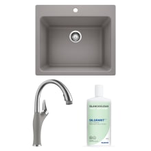 Liven 25" Dual Mount Single Basin SILGRANIT Laundry Sink, Artona 1.5 GPM Single Hole Pull Down Kitchen Faucet, and BlancoClean Daily+ Silgranit Sink Cleaner - 15 oz.