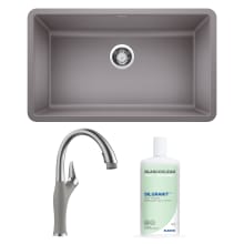 Precis 30" Undermount Single Basin SILGRANIT Kitchen Sink, Artona 1.5 GPM Single Hole Pull Down Kitchen Faucet, and BlancoClean Daily+ Silgranit Sink Cleaner - 15 oz.