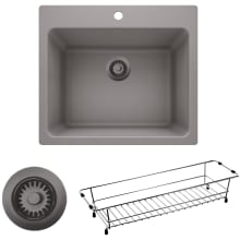 Liven 25" Dual Mount Single Basin Granite Composite Laundry Sink with Basket Strainer and Drying Basket