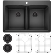 Diamond 33" Dual Mount Double Basin Granite Composite Kitchen Sink with Basin Racks and Basket Strainers
