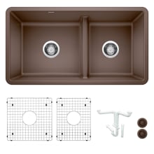 Precis 33" Undermount Double Basin Granite Composite Kitchen Sink with Basin Rack and Basket Strainer