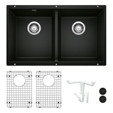 Precis 29-3/4" Undermount Double Basin Granite Composite Kitchen Sink with Basin Rack and Basket Strainer