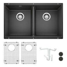 Precis 29-3/4" Undermount Double Basin Granite Composite Kitchen Sink with Basin Rack and Basket Strainer