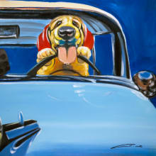 Dog-Blue Truck 24" Wide Frameless Canvas Art