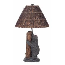 Country Rustic Bear on a Tree Resin Table Lamp with 3-Way Switch and Round Woven Twig Shade