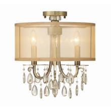 Hampton 3 Light 14" Wide Semi-Flush Drum Ceiling Fixture with Silk Shade and Teardrop Crystal Accents