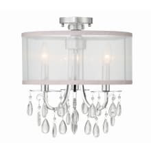 Hampton 3 Light 14" Wide Semi-Flush Drum Ceiling Fixture with Silk Shade and Teardrop Crystal Accents