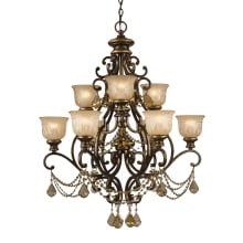 Norwalk 9 Light 34" Wide Crystal Chandelier with Patterned Glass Shades and Golden Teak Hand Cut Crystal Accents