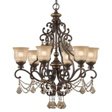 Norwalk 6 Light 28" Wide Crystal Chandelier with Patterned Glass Shades and Golden Teak Hand Cut Crystal Accents