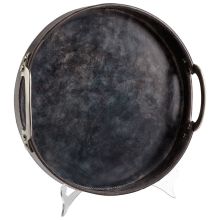 Rough' N Ready 14.25 Inch Diameter Leather and Wood Tray Made in India