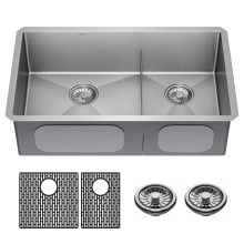 Lenta 32” Undermount Stainless Steel 60/40 Double Bowl Kitchen Sink with Low Divide and Included Accessories