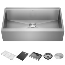 Rivet 36” Workstation Farmhouse Apron Front Kitchen Sink Undermount 16 Gauge Stainless Steel Single Bowl with WorkFlow Ledge and Accessories