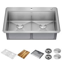Lorelai 33” Workstation Kitchen Sink Top Mount Drop-In 16 Gauge Stainless Steel 50/50 Double Basin Sink with WorkFlow Ledge and Accessories