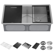 Rivet 33” Workstation Kitchen Sink Undermount 16 Gauge Stainless Steel 50/50 Double Bowl with WorkFlow Ledge and Accessories