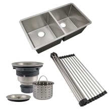 32" Undermount Double Basin Stainless Steel Kitchen Sink with Basket Strainer and Drying Rack