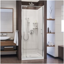 Flex 76-3/4" High x 32" Wide Pivot Framed Shower Door with Clear Glass, 32" Deep x 32" Wide Shower Base with Center Drain, and Shower Backwalls