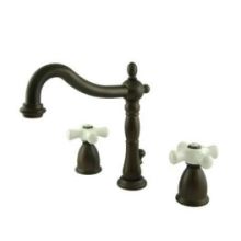 New Orleans Double Handle 8" to 14" Widespread Kitchen Faucet with Porcelain Cross Handles and Brass Side Spray