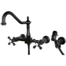 Double Handle 8" Center Wall Mounted Kitchen Faucet with American Cross Handles and Wall Mounted Brass Side Spray from the Heritage Collection