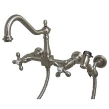 Double Handle 8" Center Wall Mounted Kitchen Faucet with American Cross Handles and Wall Mounted Brass Side Spray from the Heritage Collection