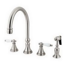 New Orleans Double Handle Kitchen Faucet with Porcelain Lever Handles and Brass Sidespray